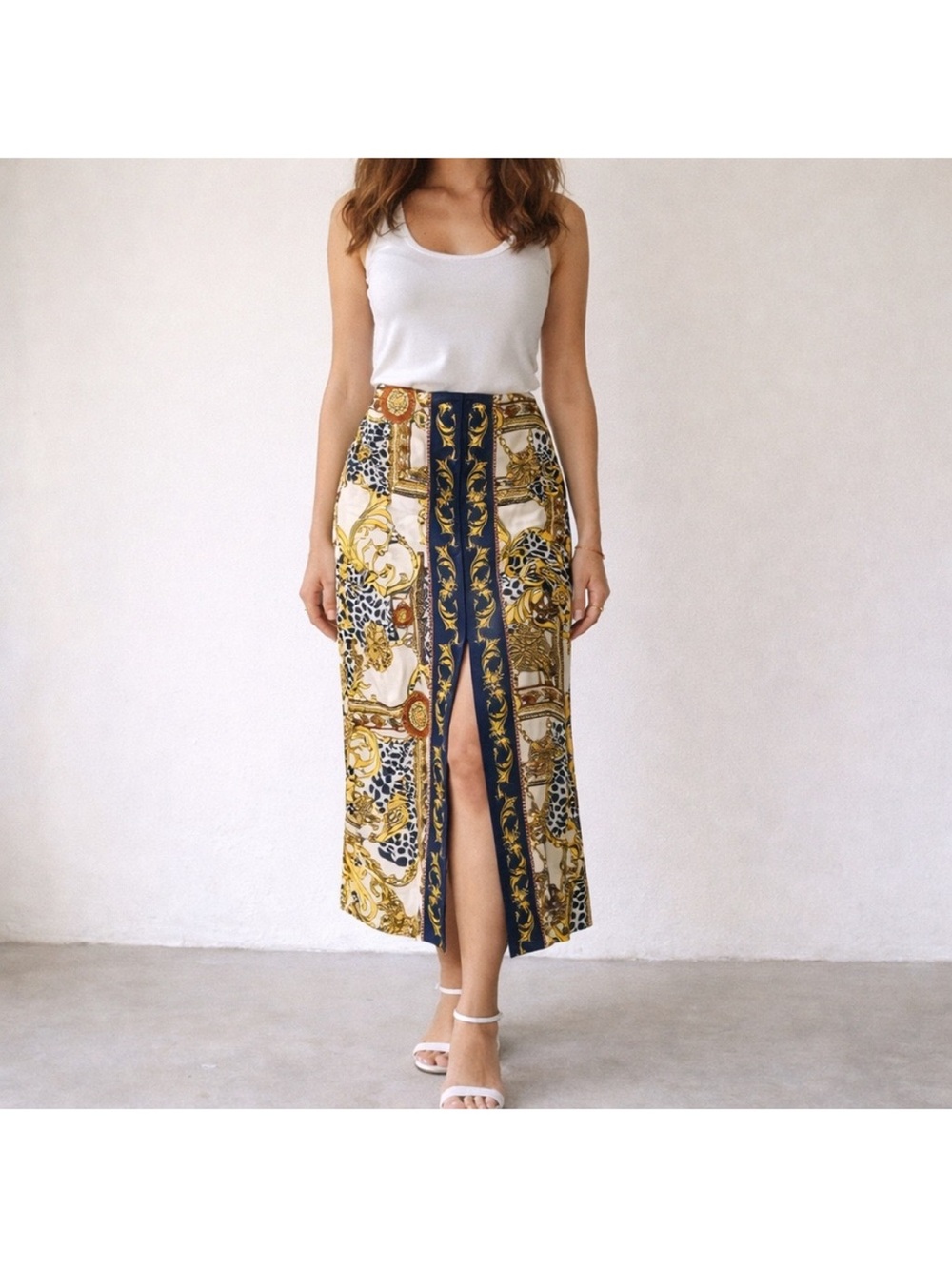 Cache Baroque Chain Print Midi Satin Skirt Size Small